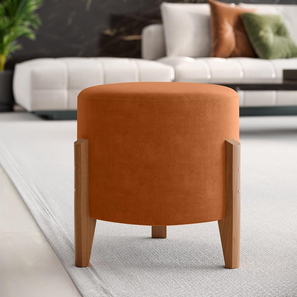 Puff Londres Veludo Suede Premium Terracota Pés Madeira Maciça